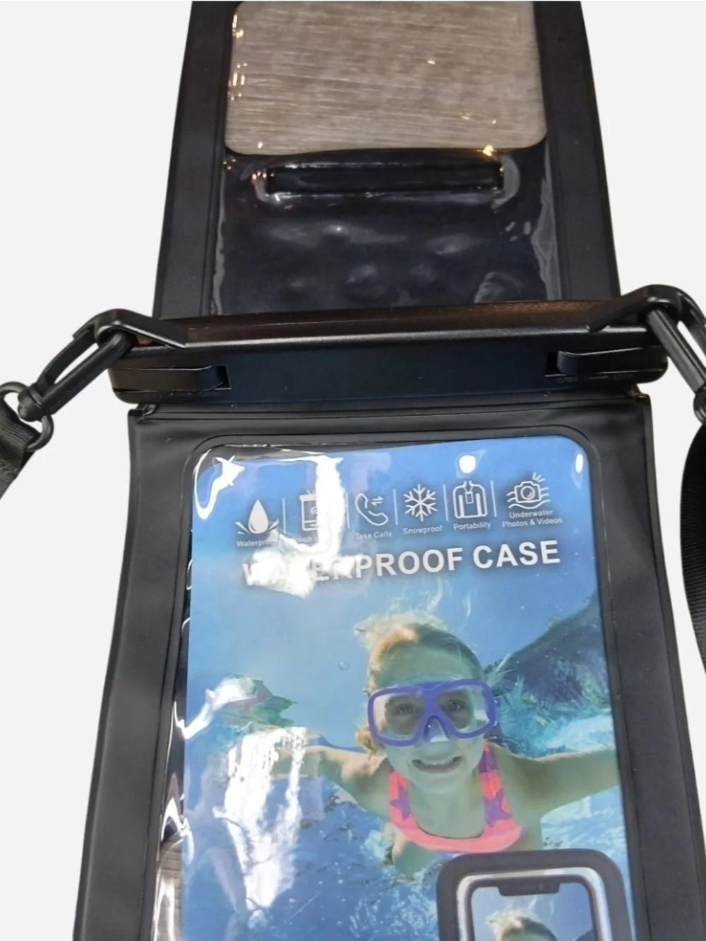 Large Double Black Waterproof Phone Pouch with Neck Strap